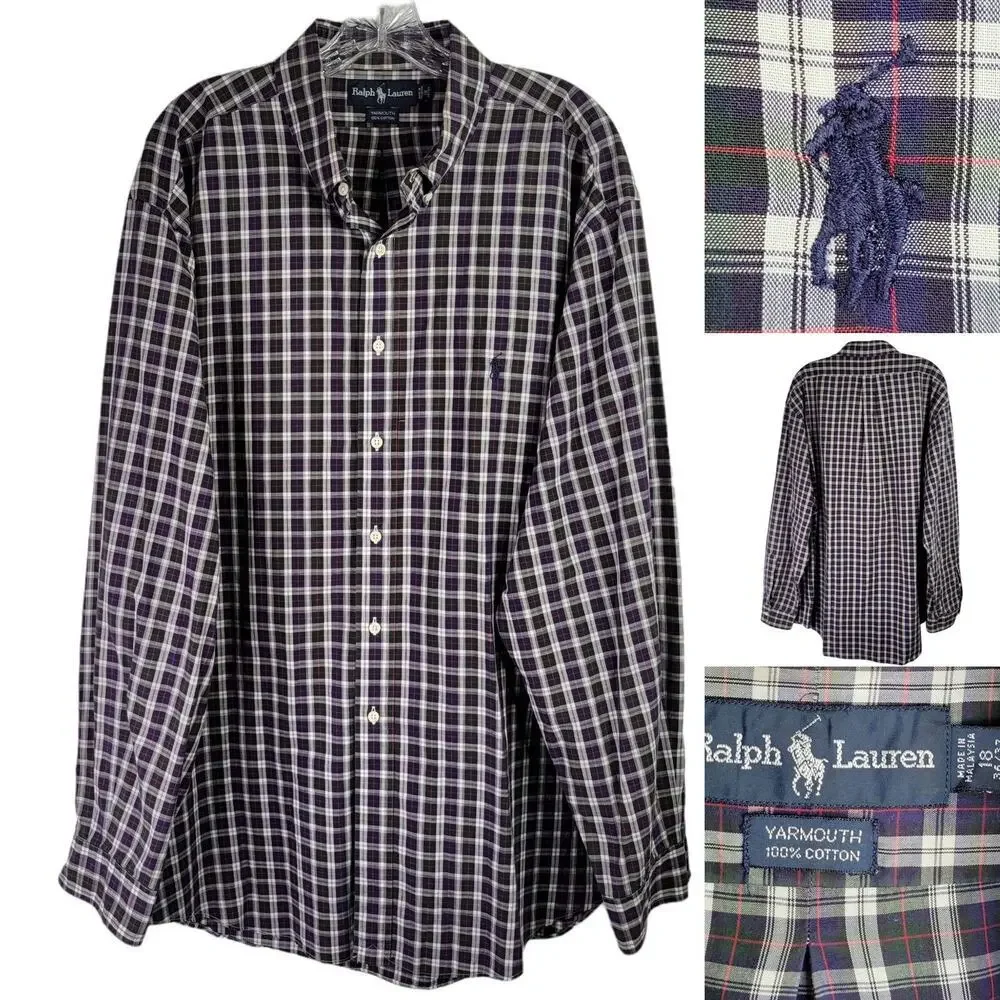 Polo Ralph Lauren Oxford Shirt Men's XXL 18 Tartan Plaid Yarmouth Button Down